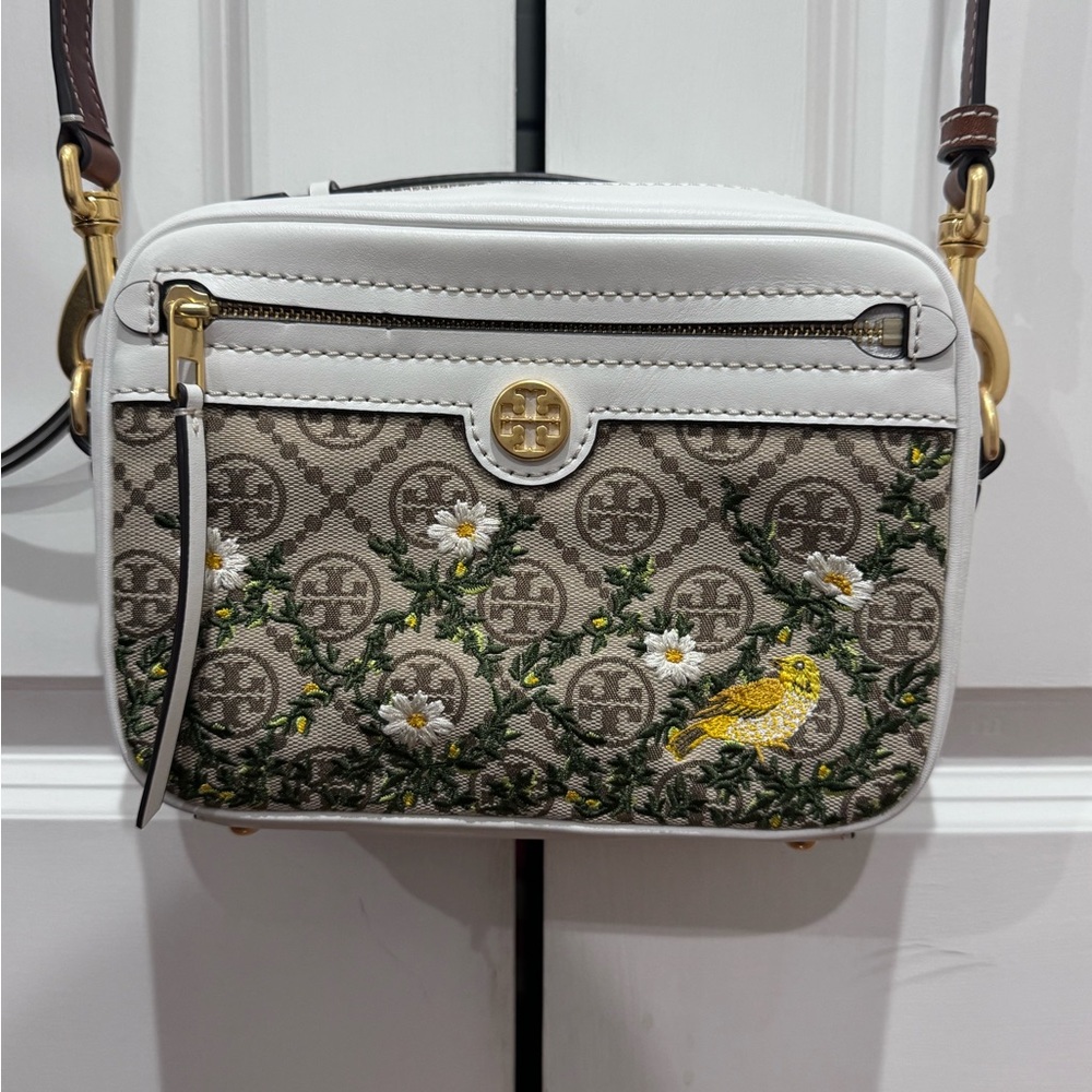 Tory Burch White and Beige Embroidered Logo Canvas Crossbody